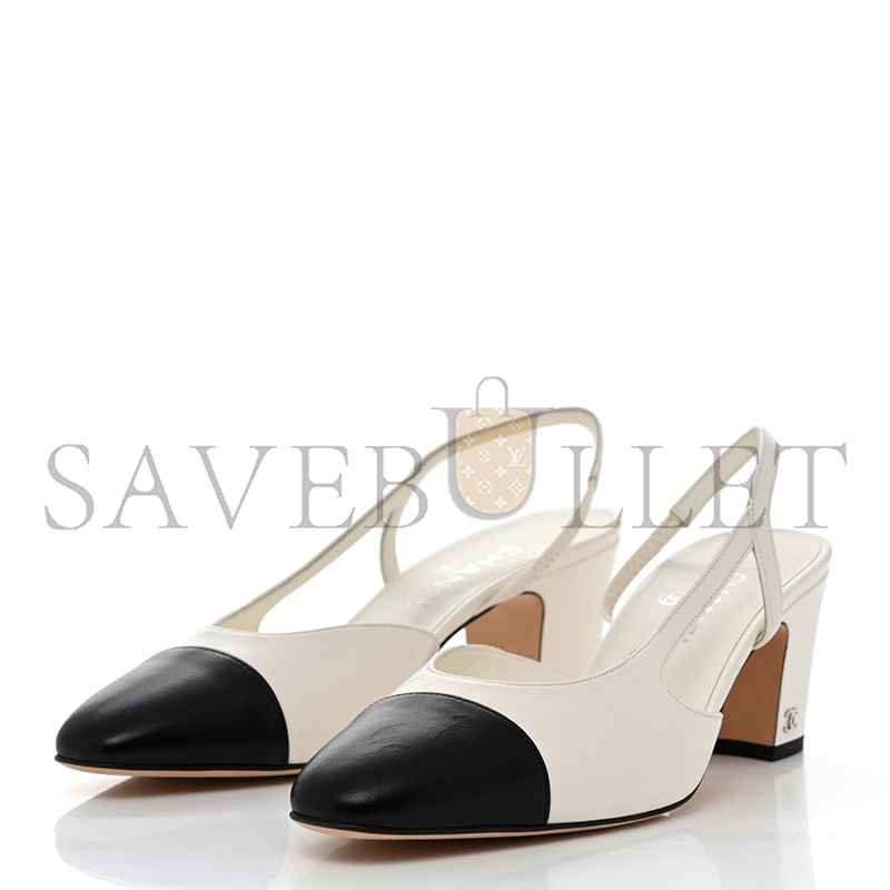Ch**el lambskin cap toe cc slingback pumps white black